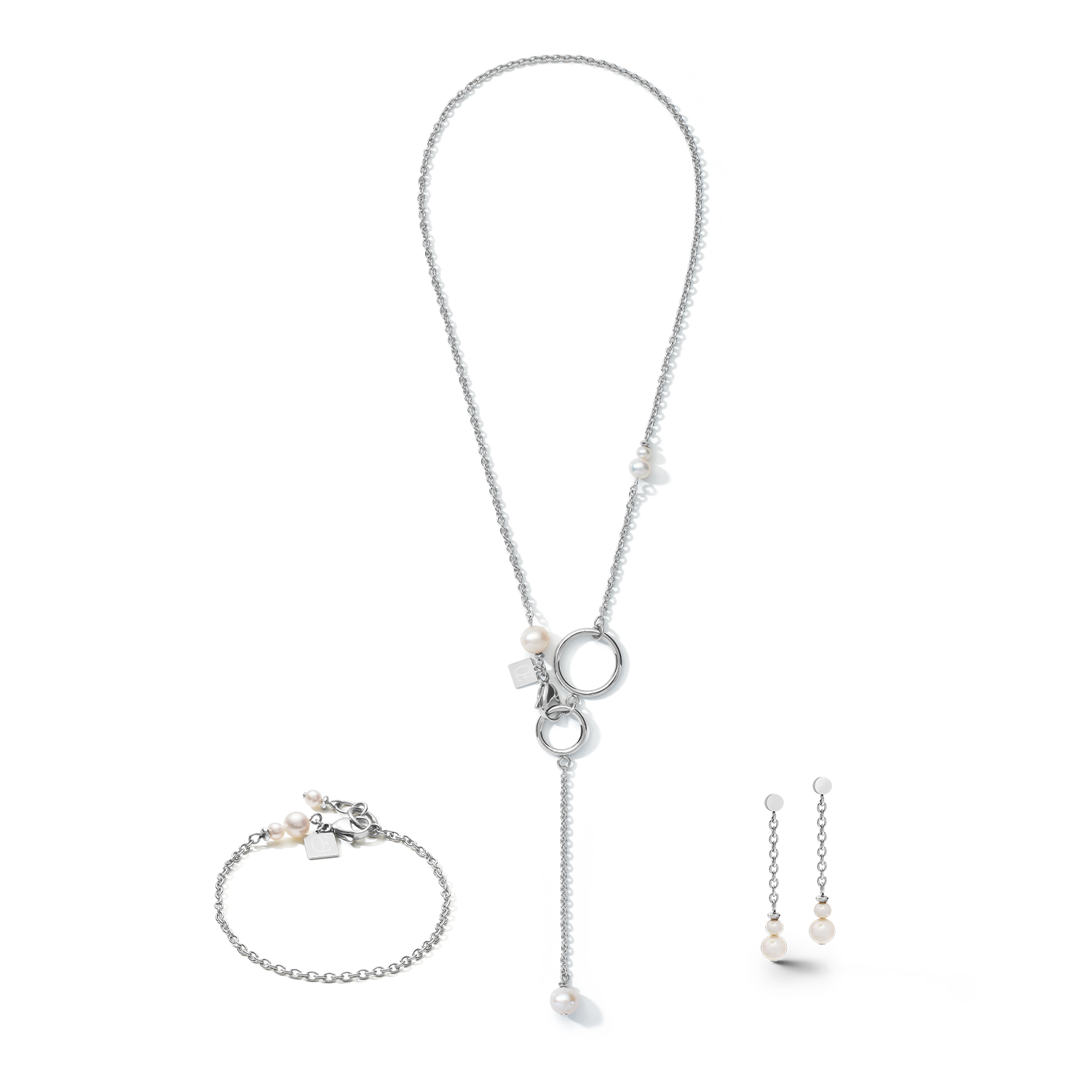 Bracelet chaîne en Y & Anneau Perles d'eau douce & acier inoxydable blanc-argenté