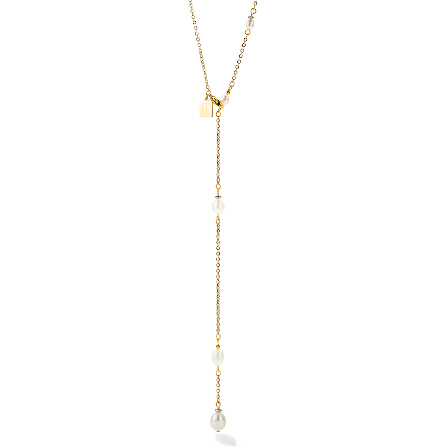 Collier chaîne en Y & Perles d'eau Douce ovales or blanc