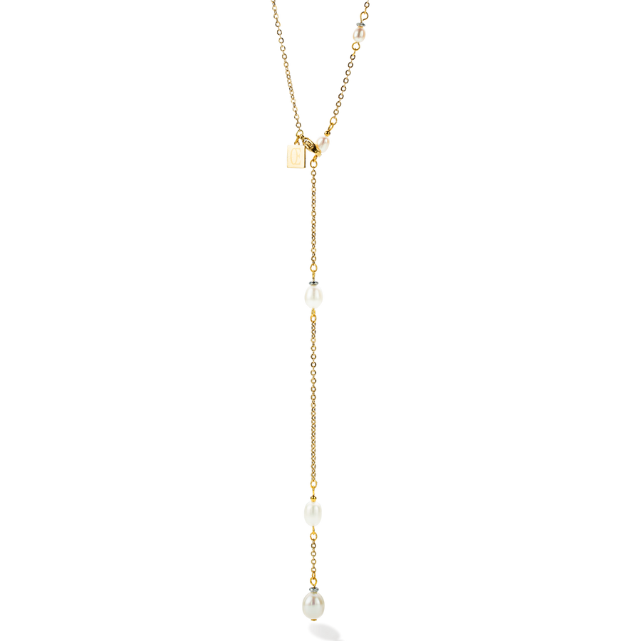Collier chaîne en Y & Perles d'eau Douce ovales or blanc