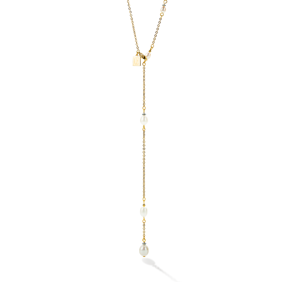 Collier chaîne en Y & Perles d'eau Douce ovales or blanc