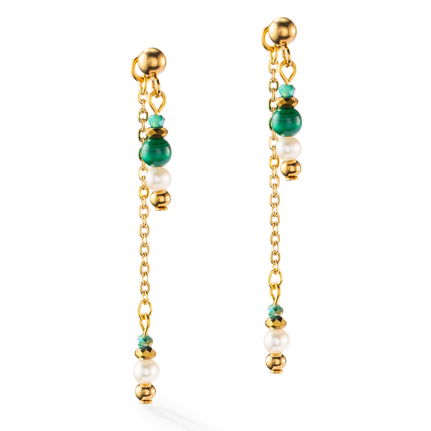 Boucles d'oreilles Harmony Perles d'eau douce et malachite or port multiple