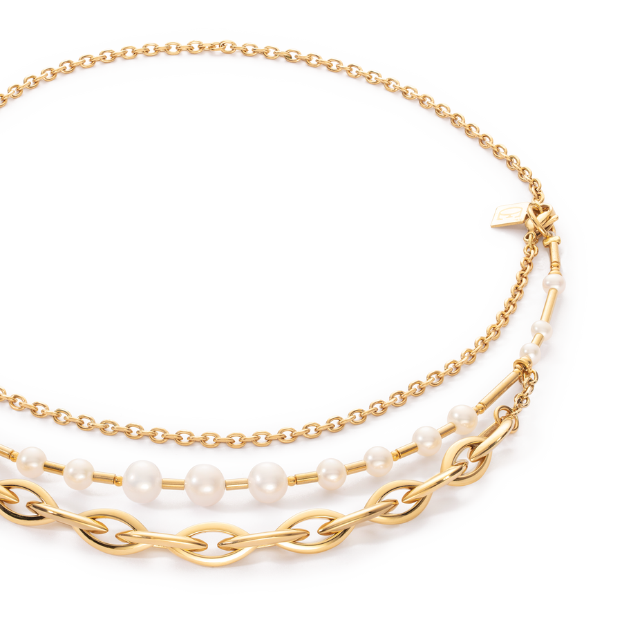 Collier Perles d'eau Douce & Chunky Chain Navette Multiwear blanc-or