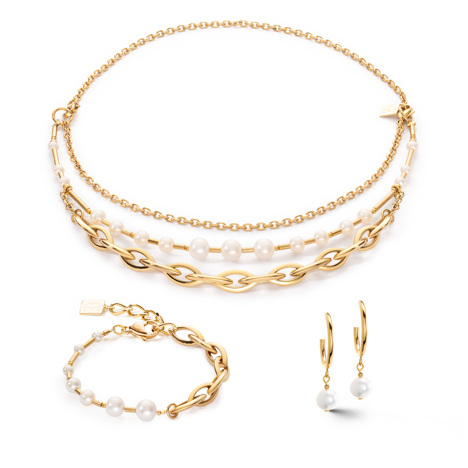 Boucles d'oreilles créoles Perles d'eau Douce & Chunky Chain Navette Multiwear blanc-or