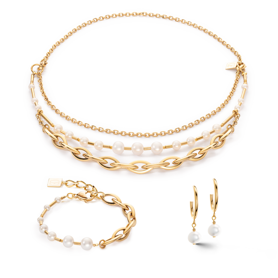 Boucles d'oreilles créoles Perles d'eau Douce & Chunky Chain Navette Multiwear blanc-or