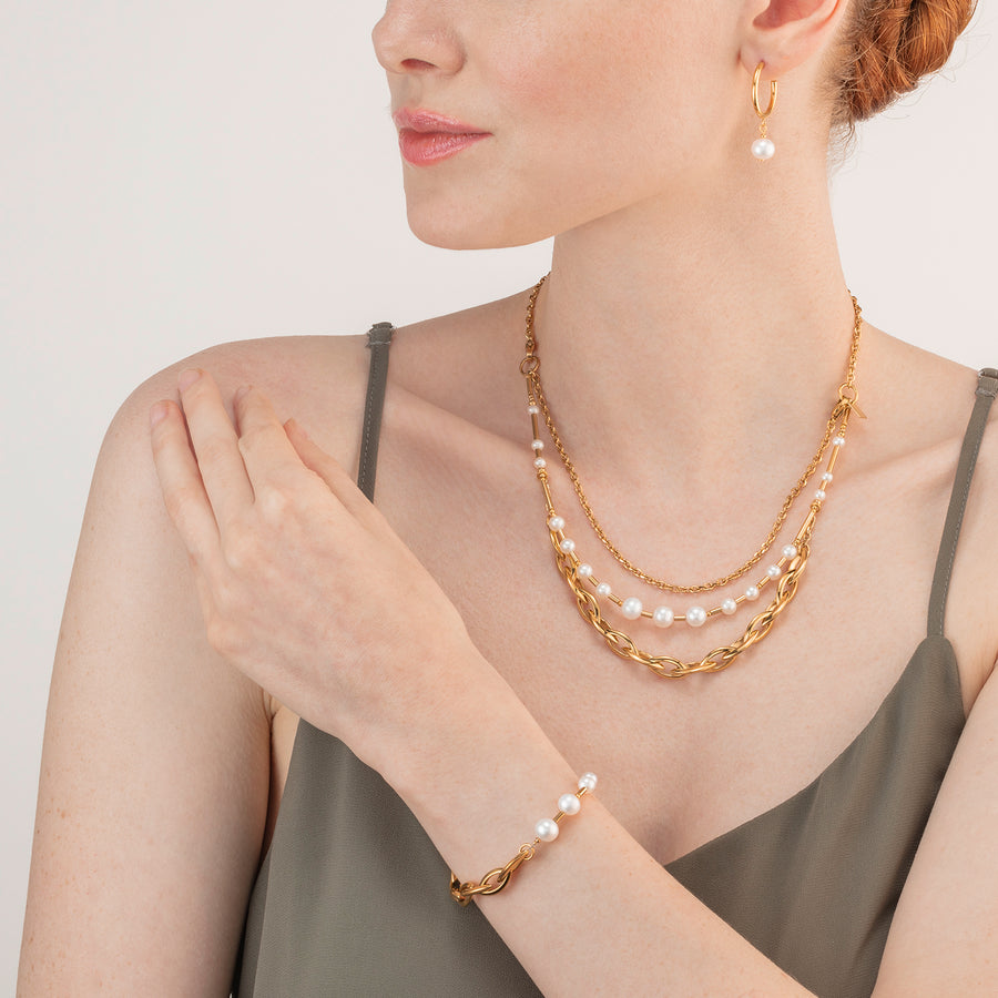 Bracelet Perles d'eau Douce & Chunky Chain Navette Multiwear blanc-or