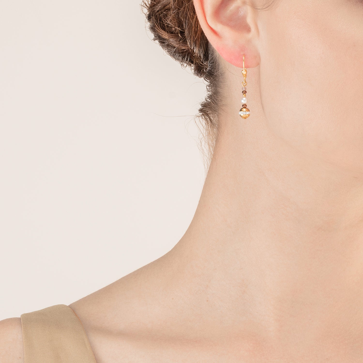 Boucles d'oreilles Boule small de pierres précieuses & Crystal Pearls brun-or
