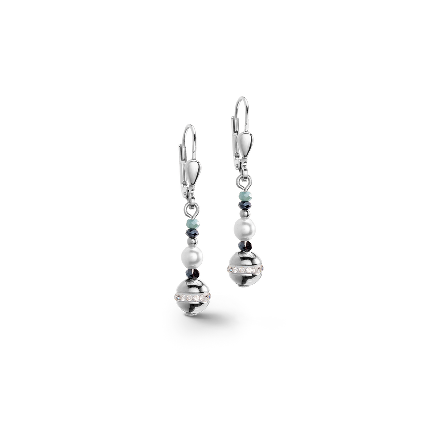 Boucles d'oreilles Boule small de pierres précieuses & Crystal Pearls aqua-argent