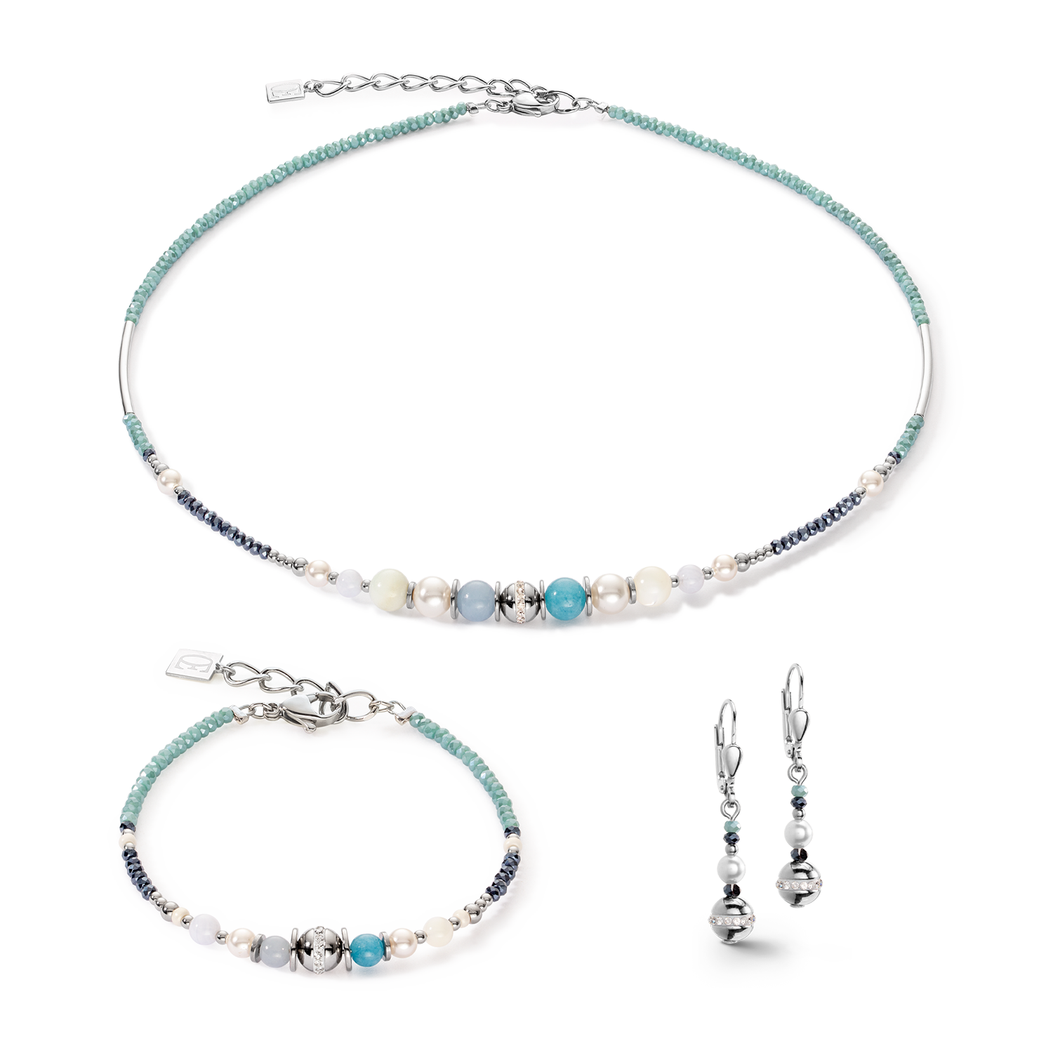 Boucles d'oreilles Boule small de pierres précieuses & Crystal Pearls aqua-argent