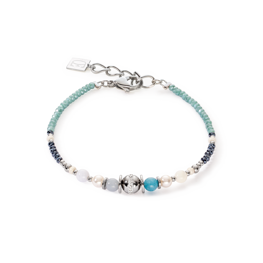 Bracelet Boule small de pierres précieuses & Crystal Pearls aqua-argent