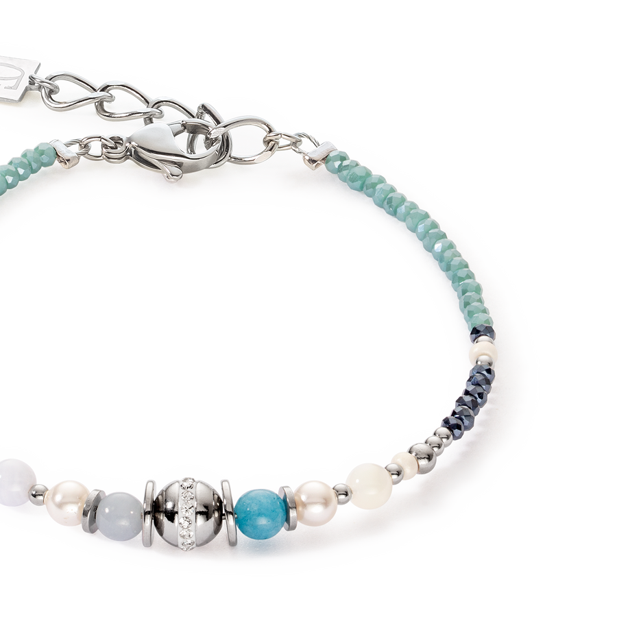 Bracelet Boule small de pierres précieuses & Crystal Pearls aqua-argent