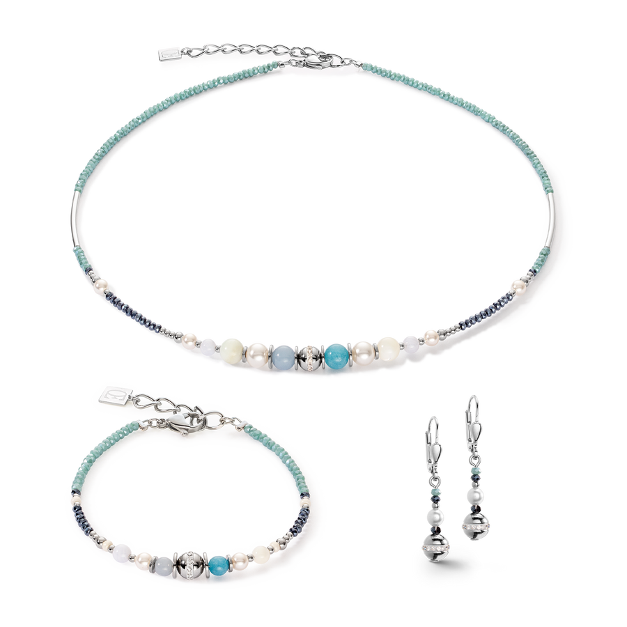 Bracelet Boule small de pierres précieuses & Crystal Pearls aqua-argent