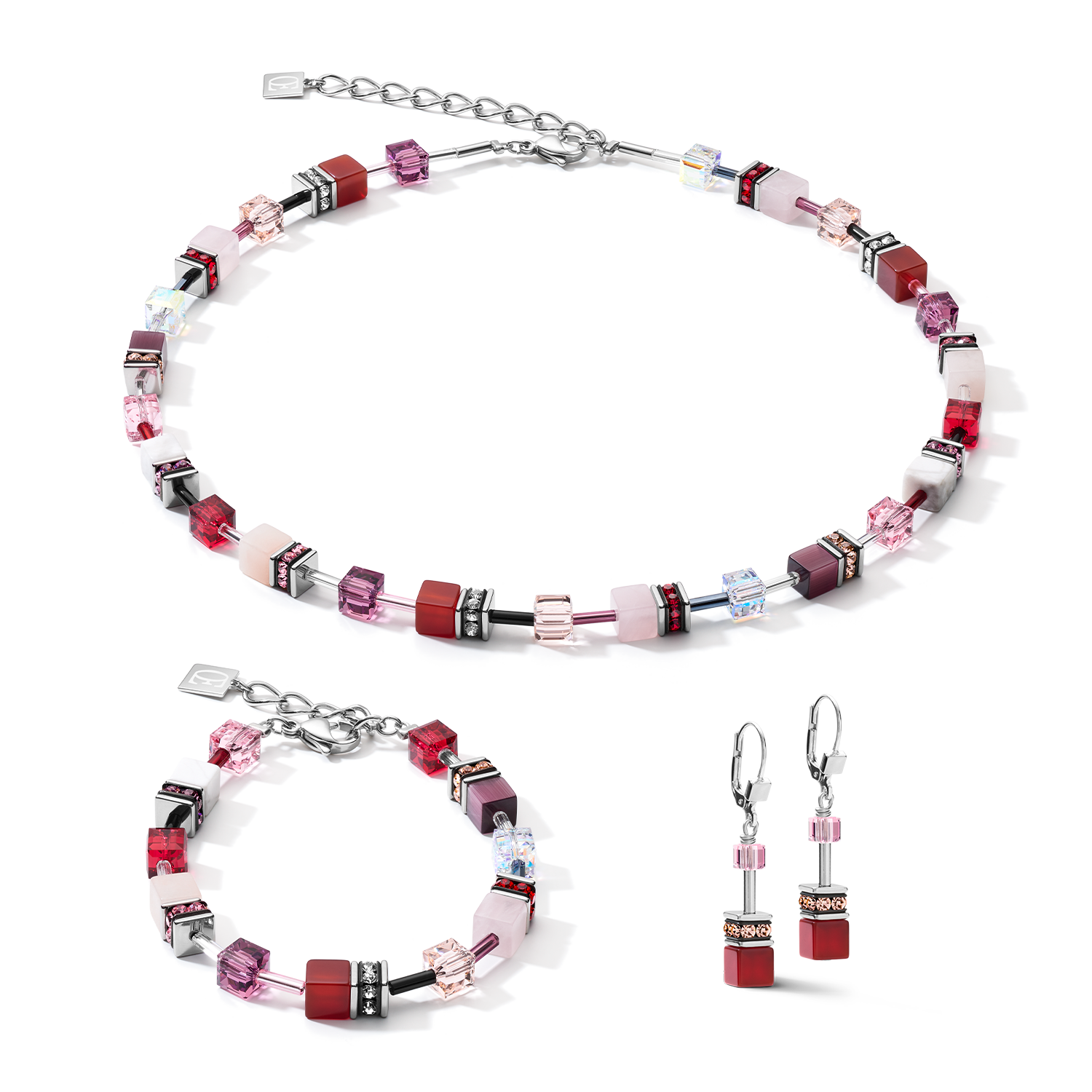 Collier GeoCUBE® Cristaux  & pierres précieuses rouge-mauve