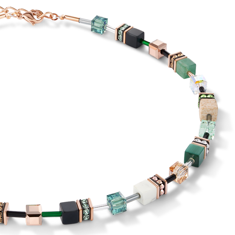 Collier GeoCUBE® Cristaux & pierres précieuses vert-beige