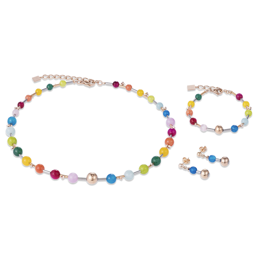 Boucles d'oreille pierres précieuses, acier inoxydable or rose & cristaux multicolore