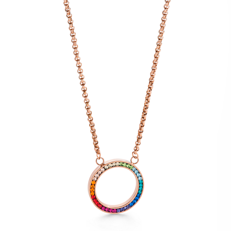 Collier Anneau Cristaux pavé & acier inoxydable or rose & multicolore