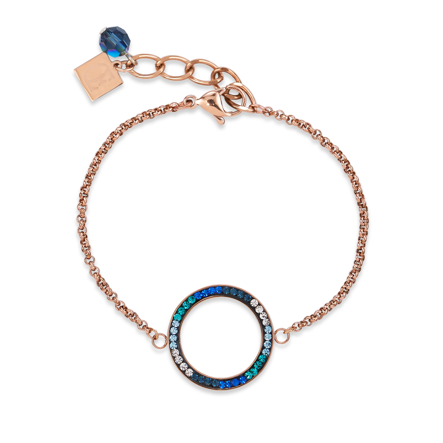 Bracelet Anneau Cristaux pavé & acier inoxydable or rose & bleu-turquoise