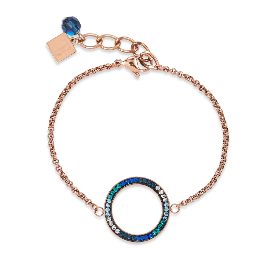 Bracelet Anneau Cristaux pavé & acier inoxydable or rose & bleu-turquoise