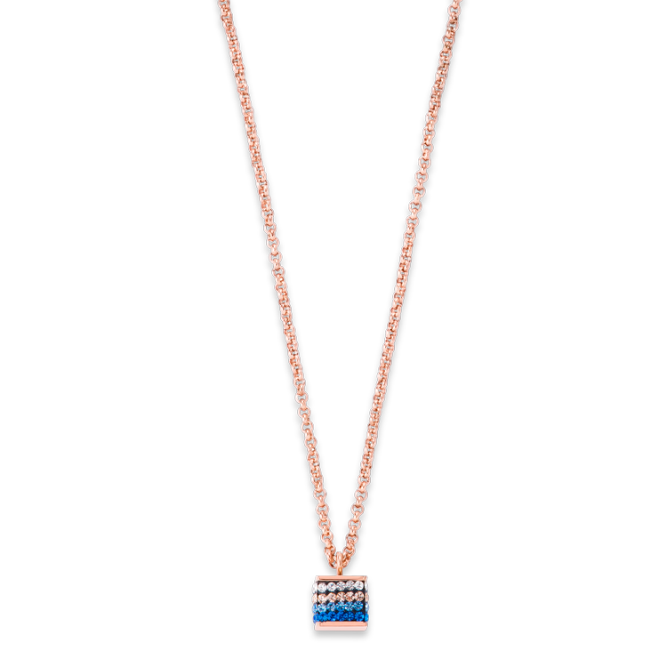 Collier Cube Cristaux pavé & acier inoxydable or rose & bleu