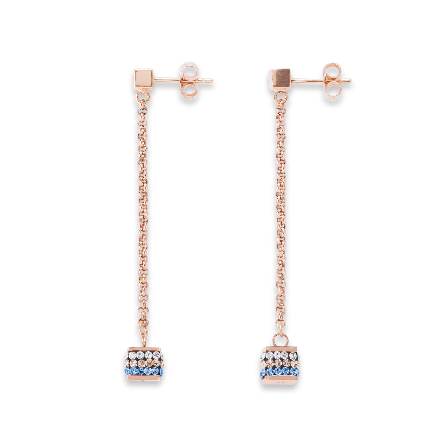 Boucles d'oreille Cube Cristaux pavé & acier inoxydable or rose & bleu