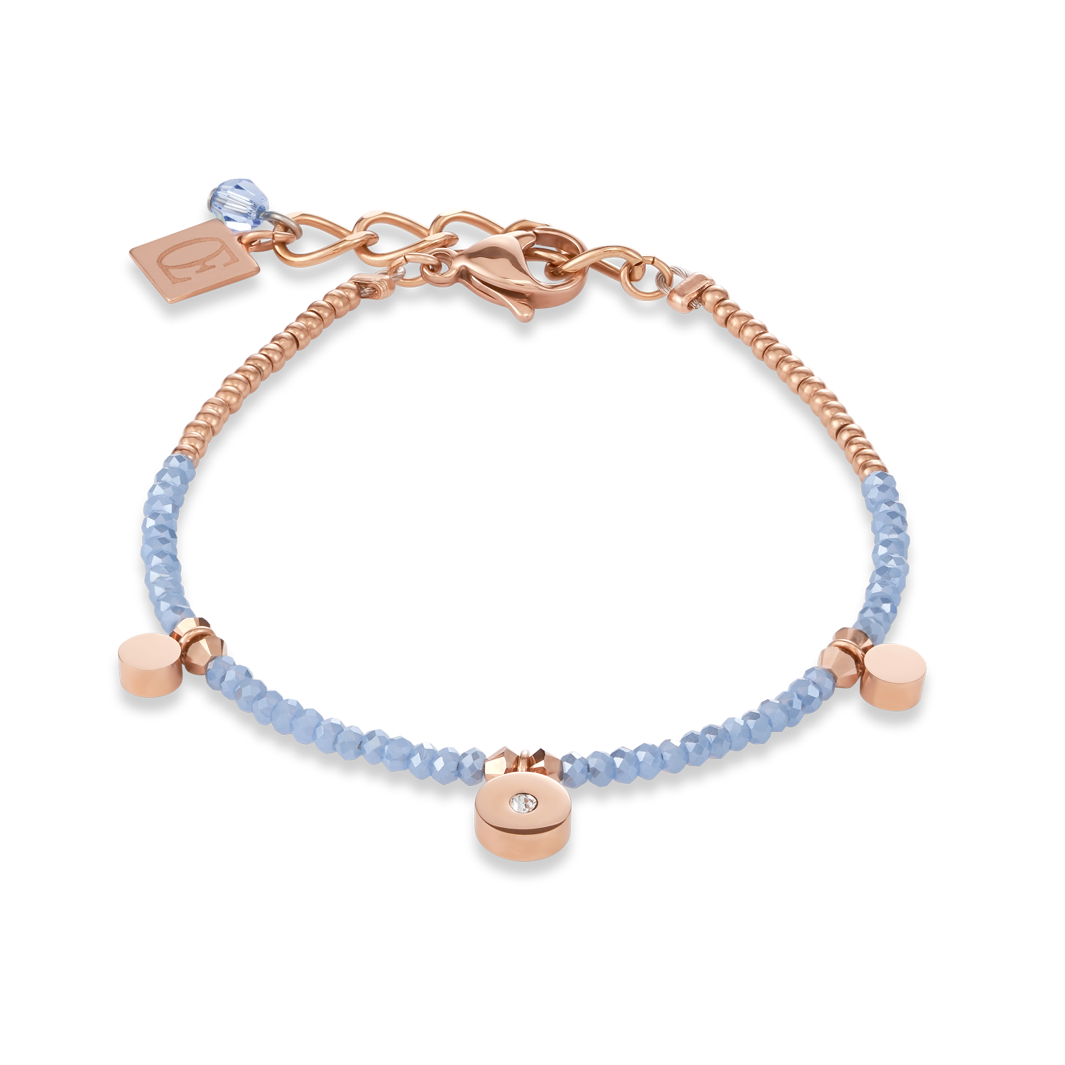 Bracelet Coins small Stainless steel rose gold, cut glass & Swarovski® Crystals light blue