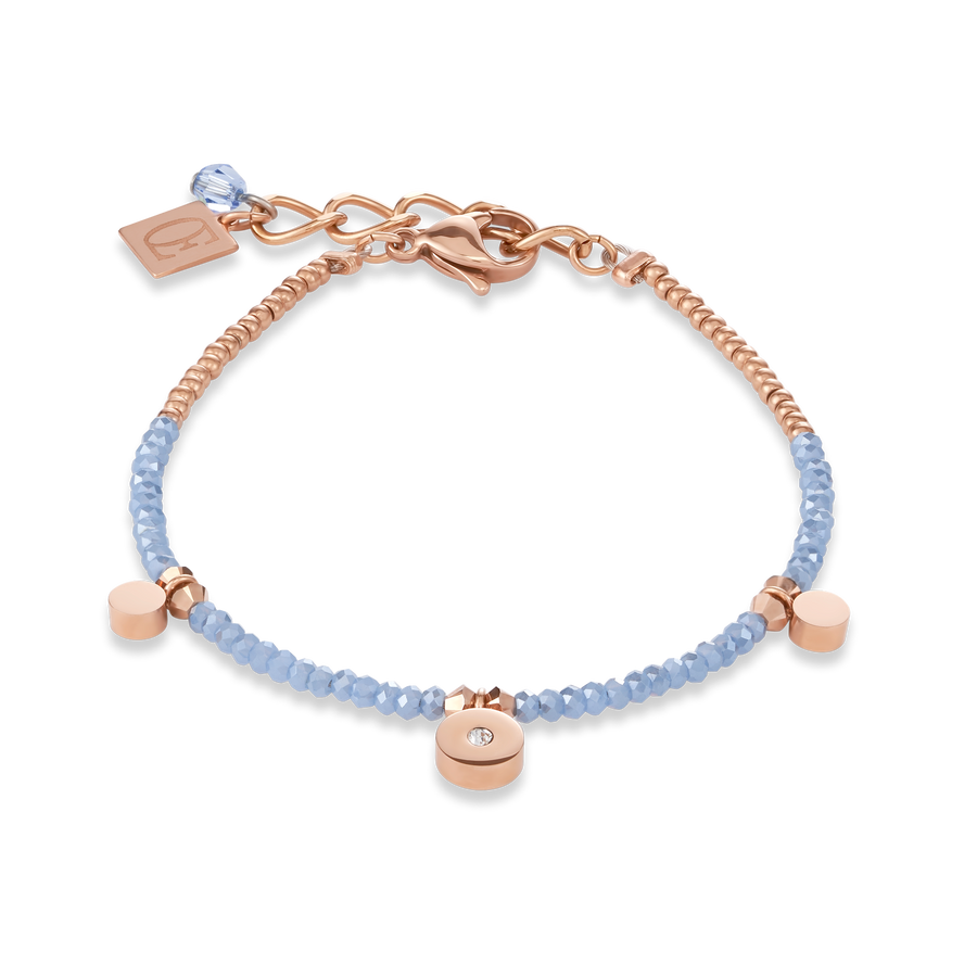 Bracelet Coins small Stainless steel rose gold, cut glass & Swarovski® Crystals light blue