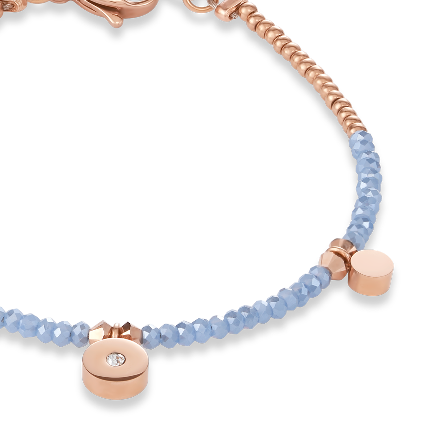 Bracelet Coins small Stainless steel rose gold, cut glass & Swarovski® Crystals light blue