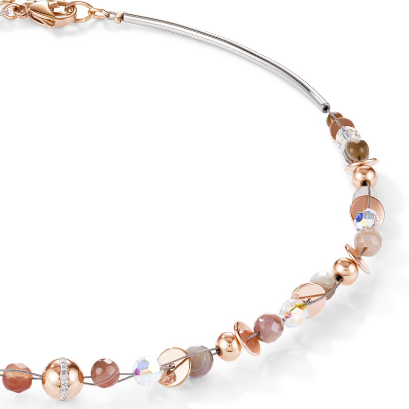 Collier TwistedPEARLS Agate du Botswana & acier inoxydable or rose beige-gris