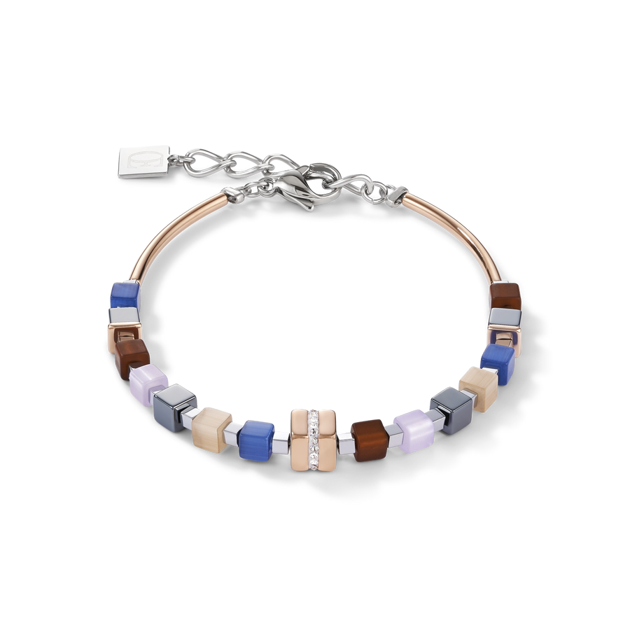 Bracelet GeoCUBE® Acier inoxydable or rose & cristaux pavé bleu-marron