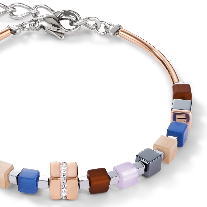 Bracelet GeoCUBE® Acier inoxydable or rose & cristaux pavé bleu-marron