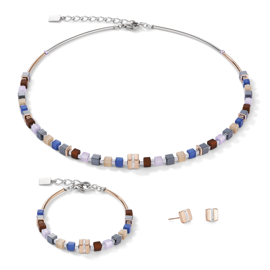 Bracelet GeoCUBE® Acier inoxydable or rose & cristaux pavé bleu-marron