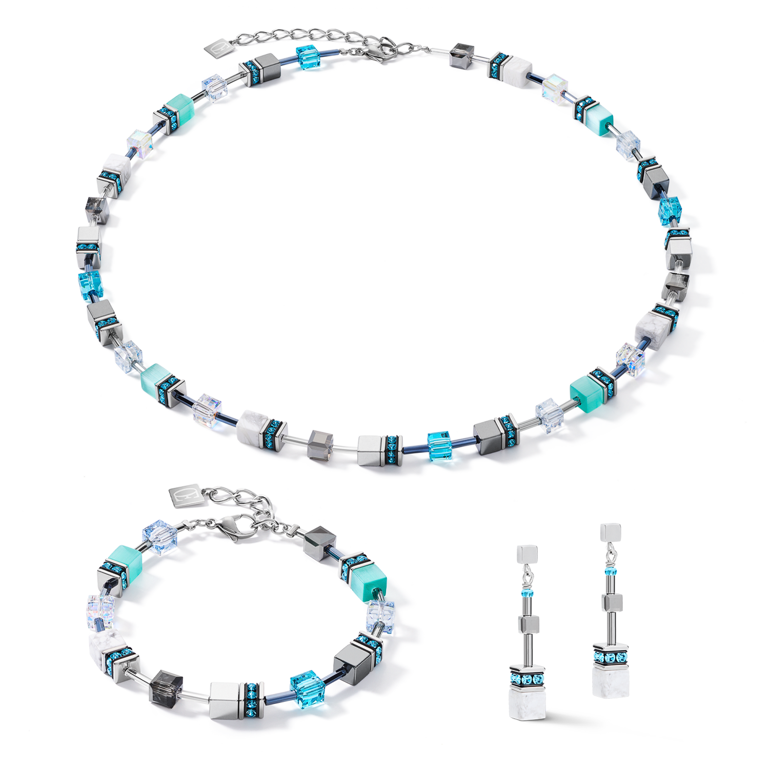 Collier GeoCUBE® medium aqua-blanc