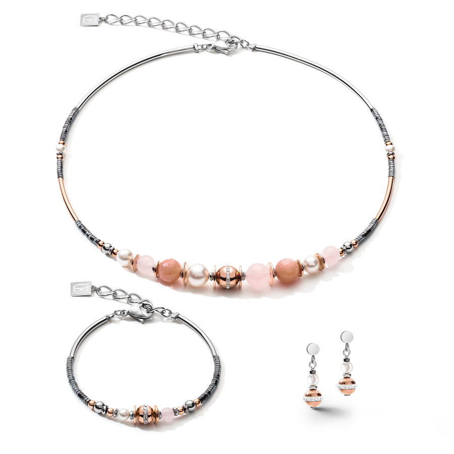 Bracelet Boule de pierres précieuses & Crystal Pearls gris-or rose