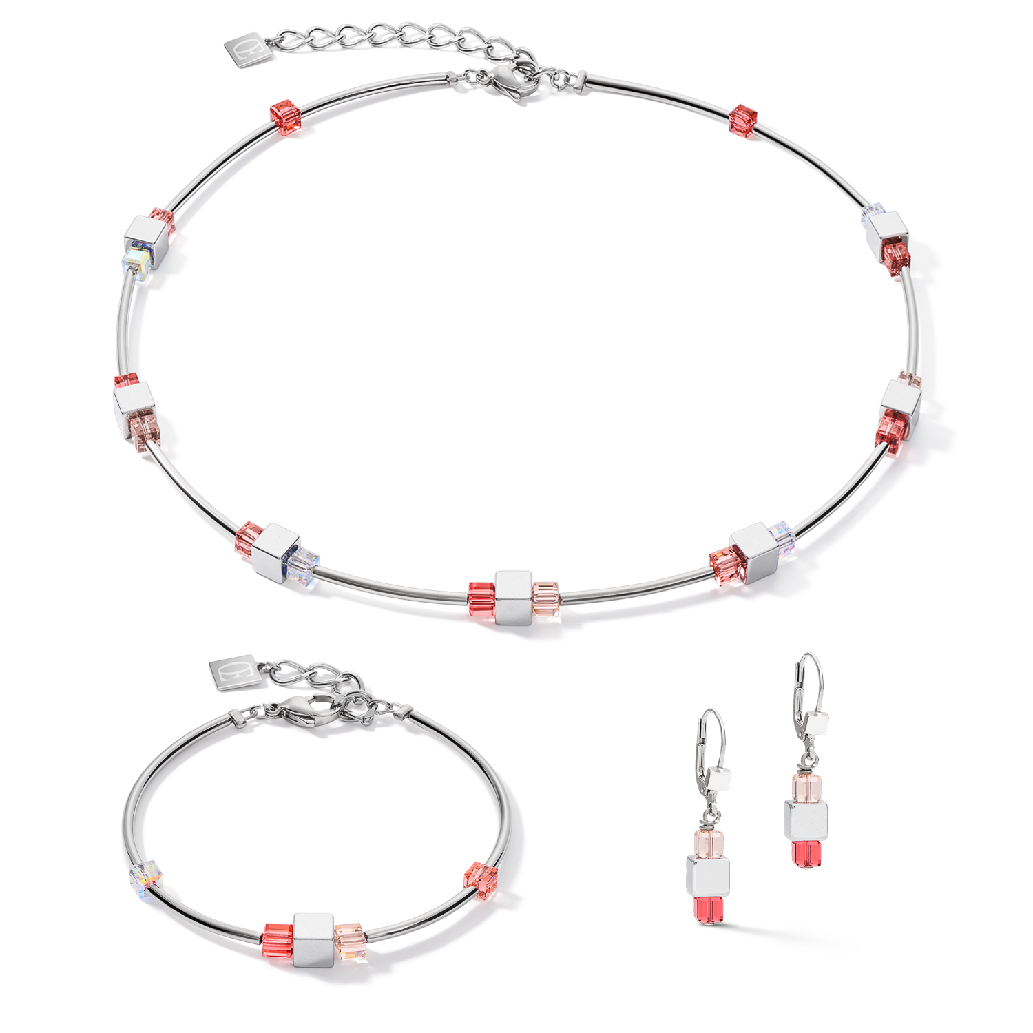 Collier GeoCUBE® Hématite & Cristaux argent-rouge