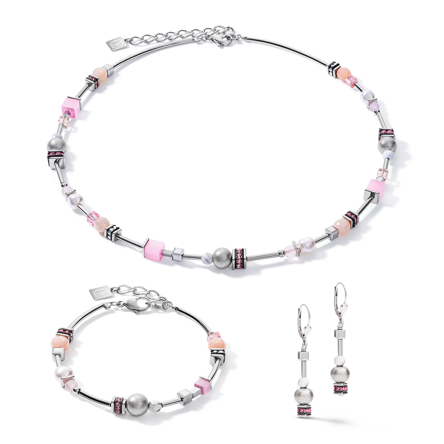 Bracelet Pearls & Cubes pierres précieuses argent-rose