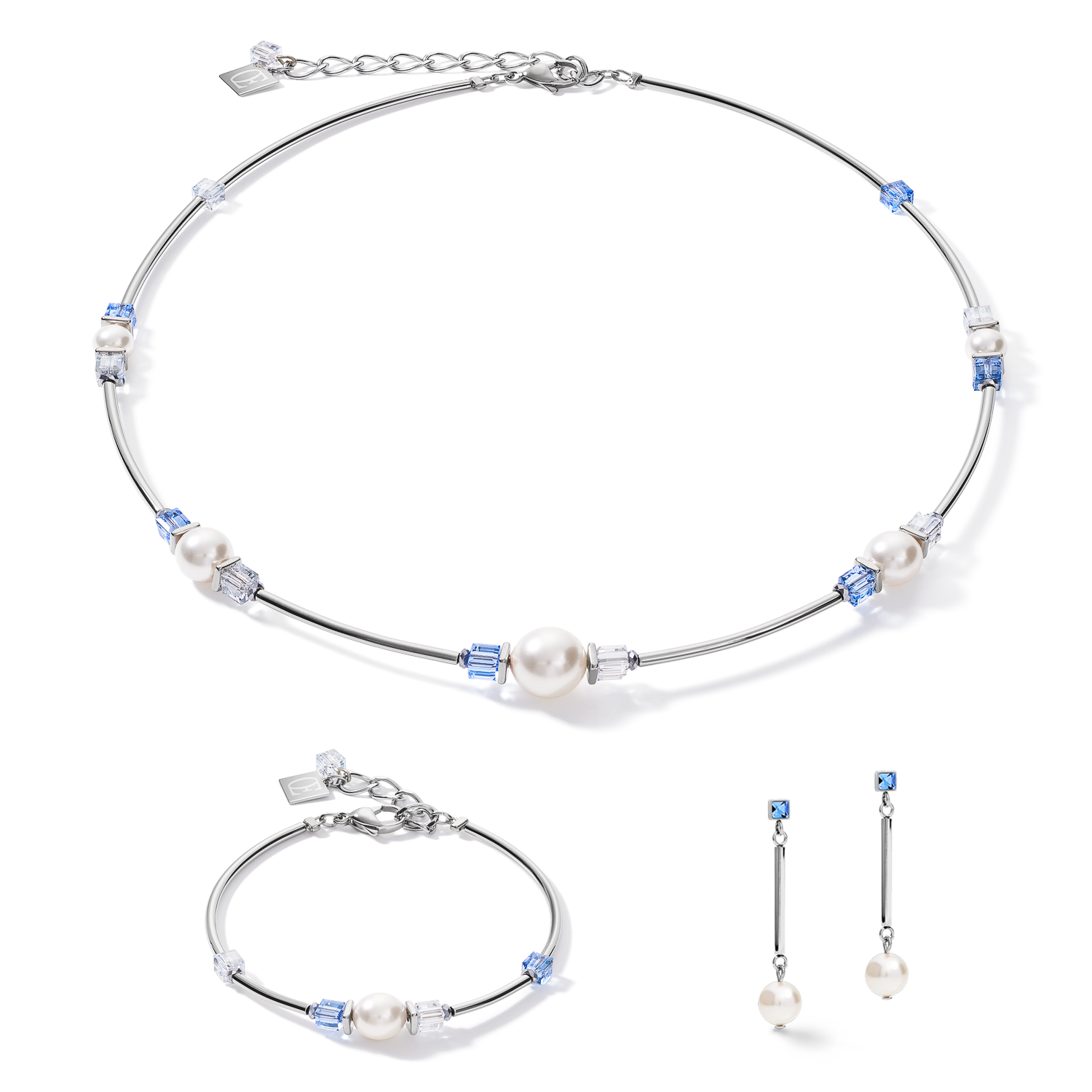 Boucles d'oreille Crystal Pearls, Crystals & acier argent-bleu clair