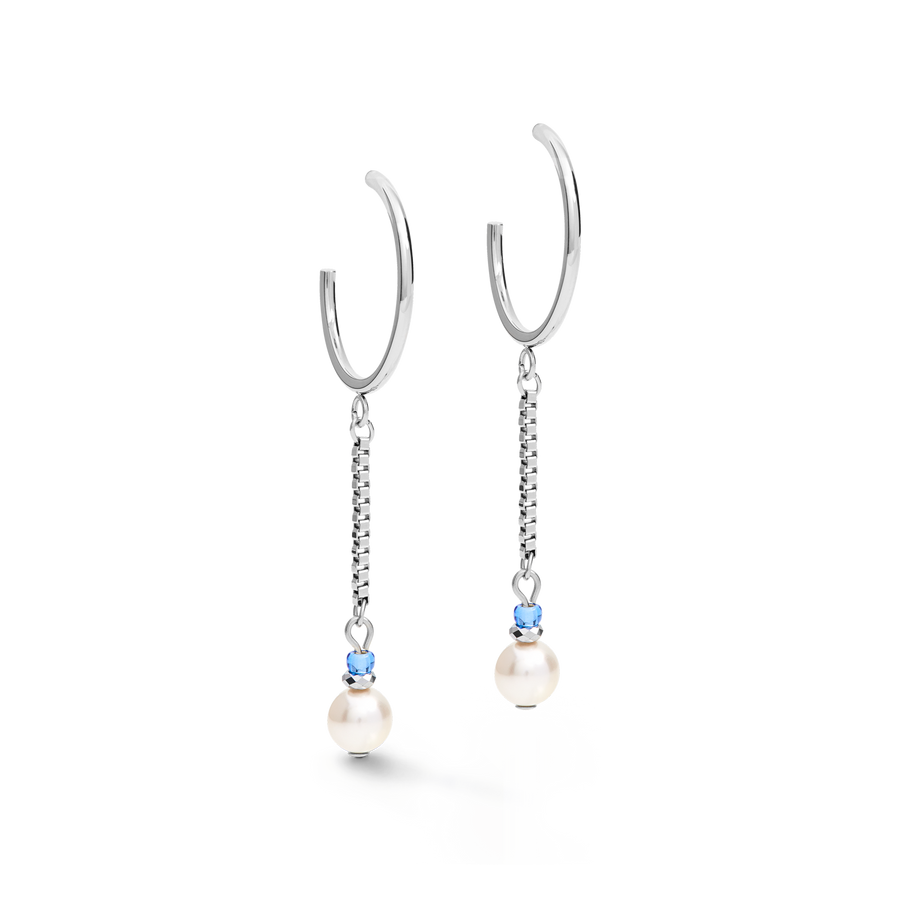 Boucles d'oreille Creole Ypsilon Chain Crystal Pearls, Crystals & acier argent-bleu clair