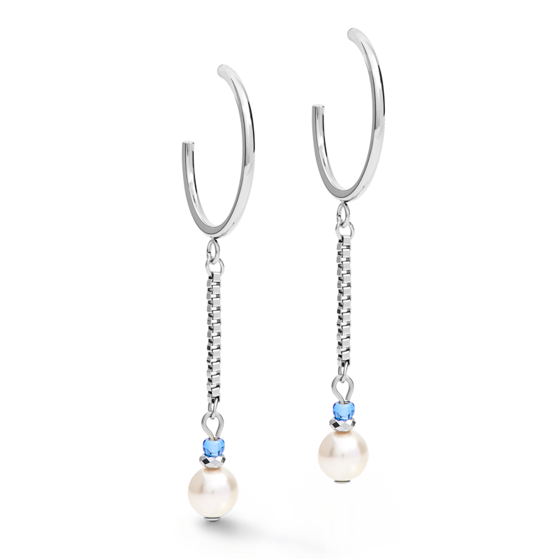 Boucles d'oreille Creole Ypsilon Chain Crystal Pearls, Crystals & acier argent-bleu clair