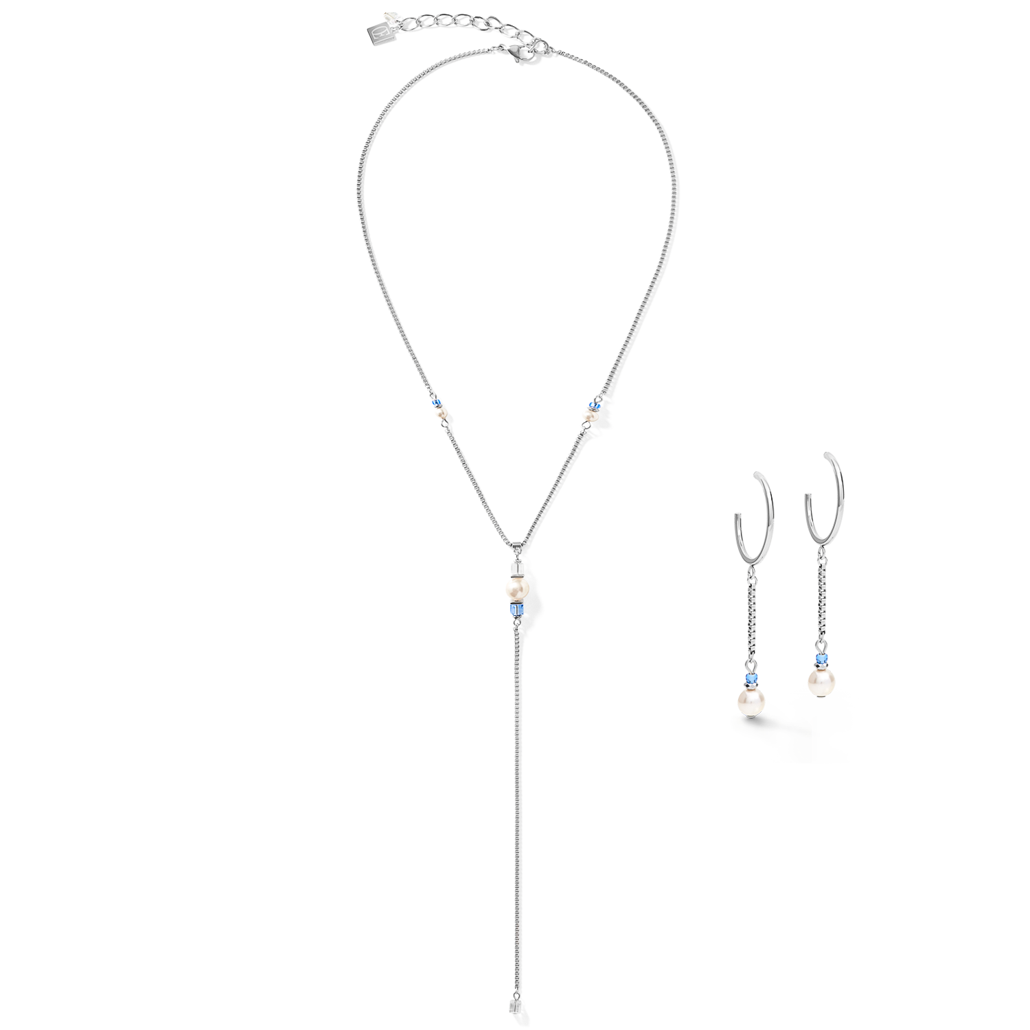 Boucles d'oreille Creole Ypsilon Chain Crystal Pearls, Crystals & acier argent-bleu clair
