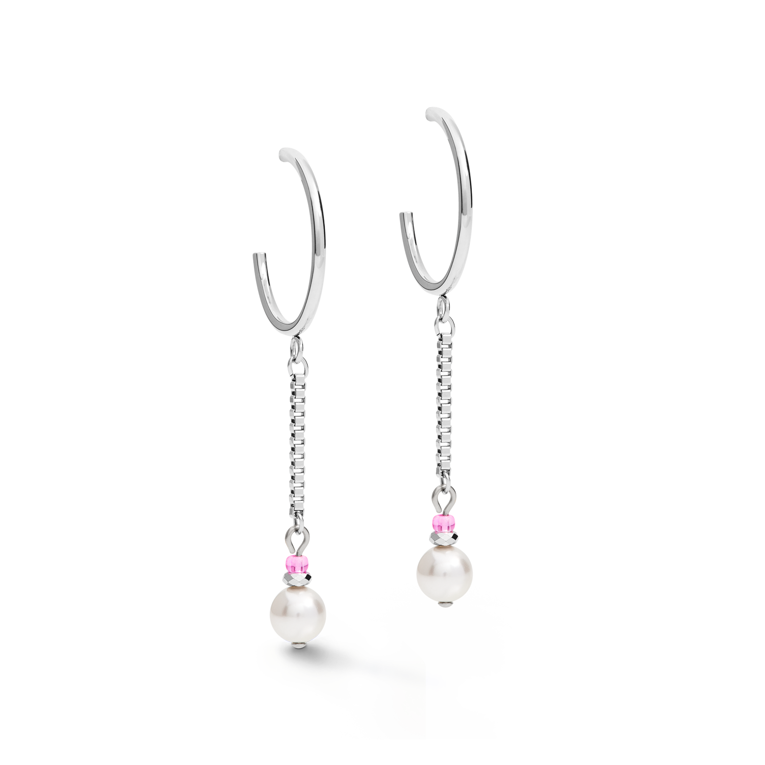 Boucles d'oreille Creole Ypsilon Chain Crystal Pearls, Crystals & acier argent-rose