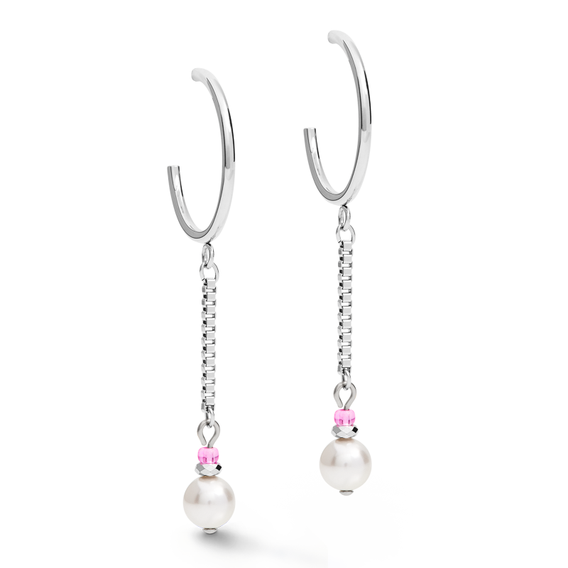 Boucles d'oreille Creole Ypsilon Chain Crystal Pearls, Crystals & acier argent-rose