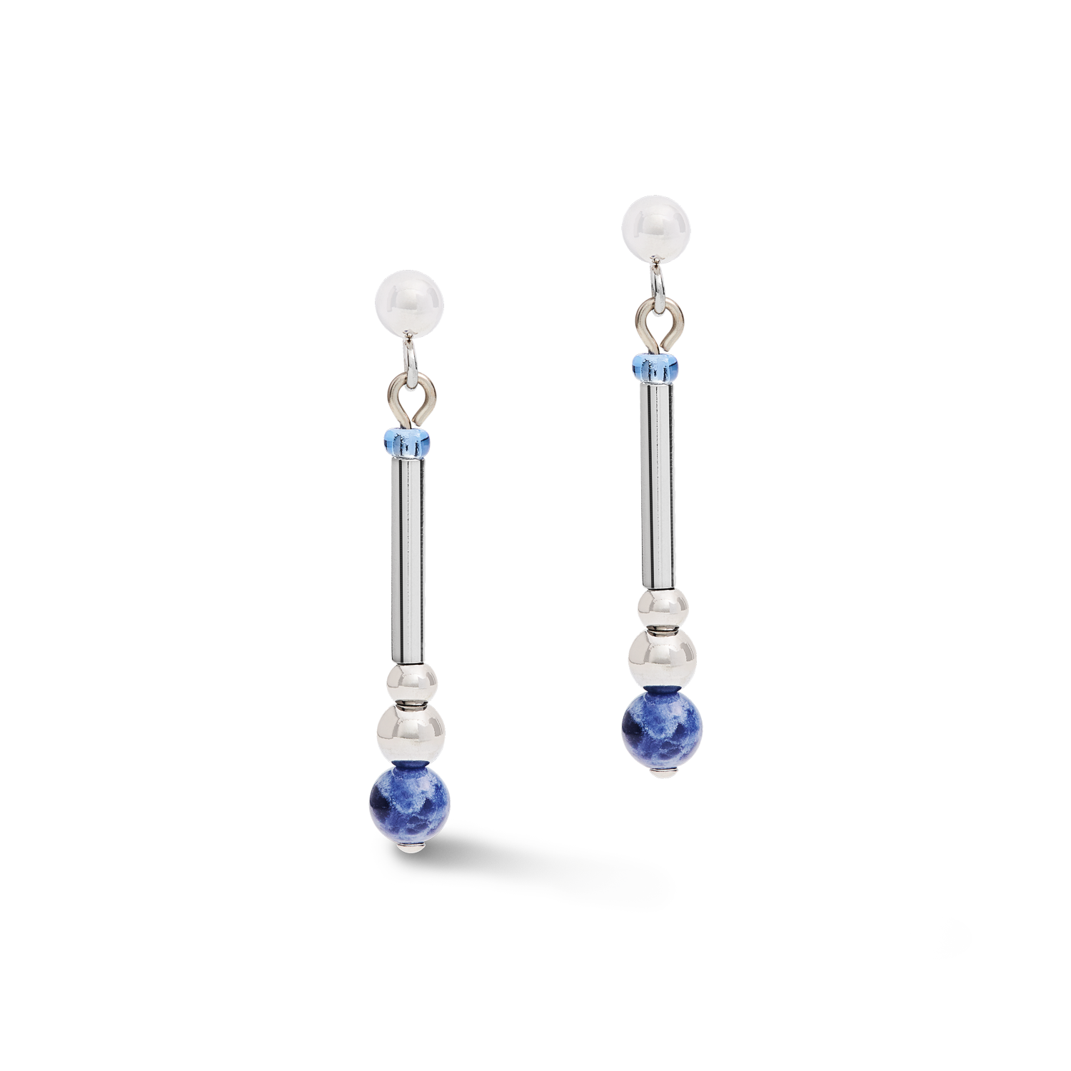 Boucles d'oreille Y2 sodalite boules, pavé de cristaux & acier silver blue