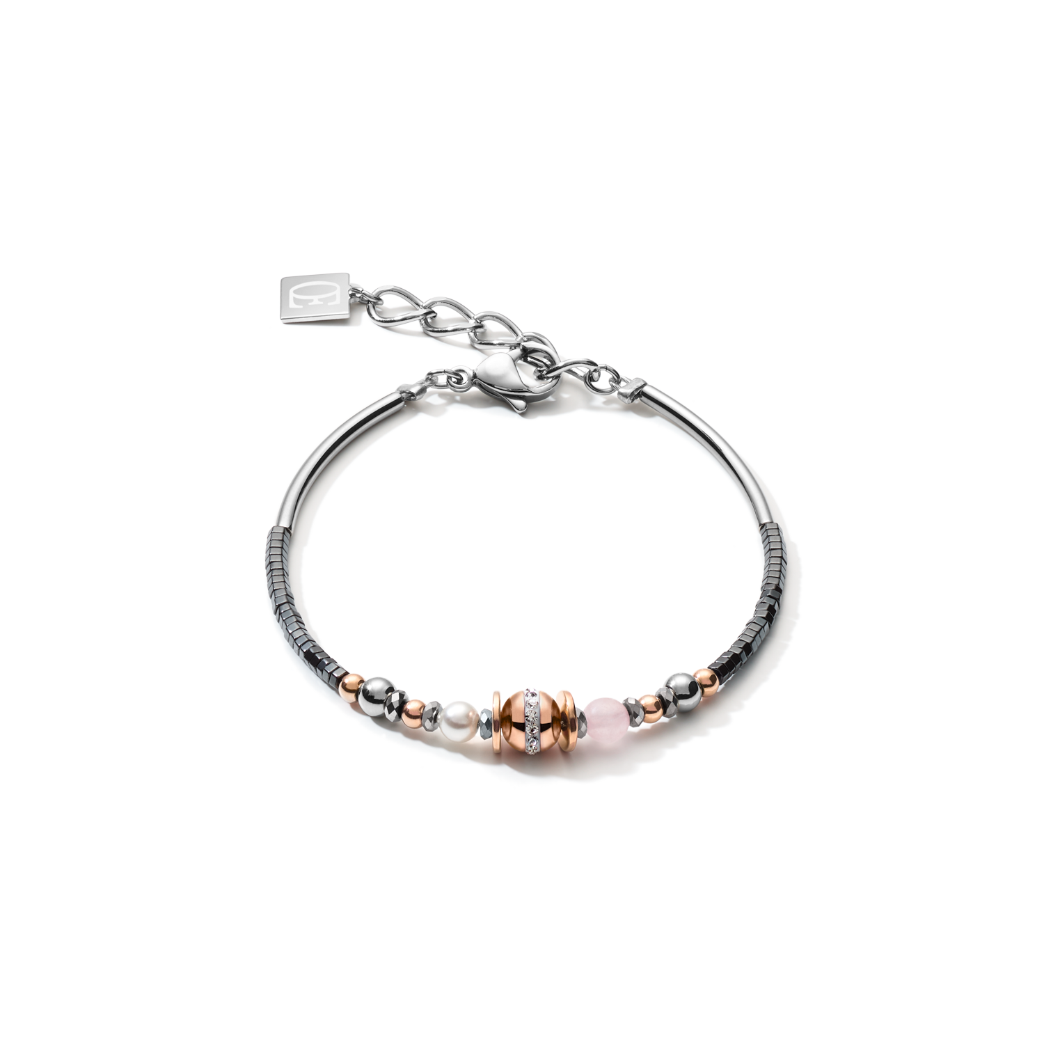 Bracelet Boule de pierres précieuses & Crystal Pearls gris-or rose