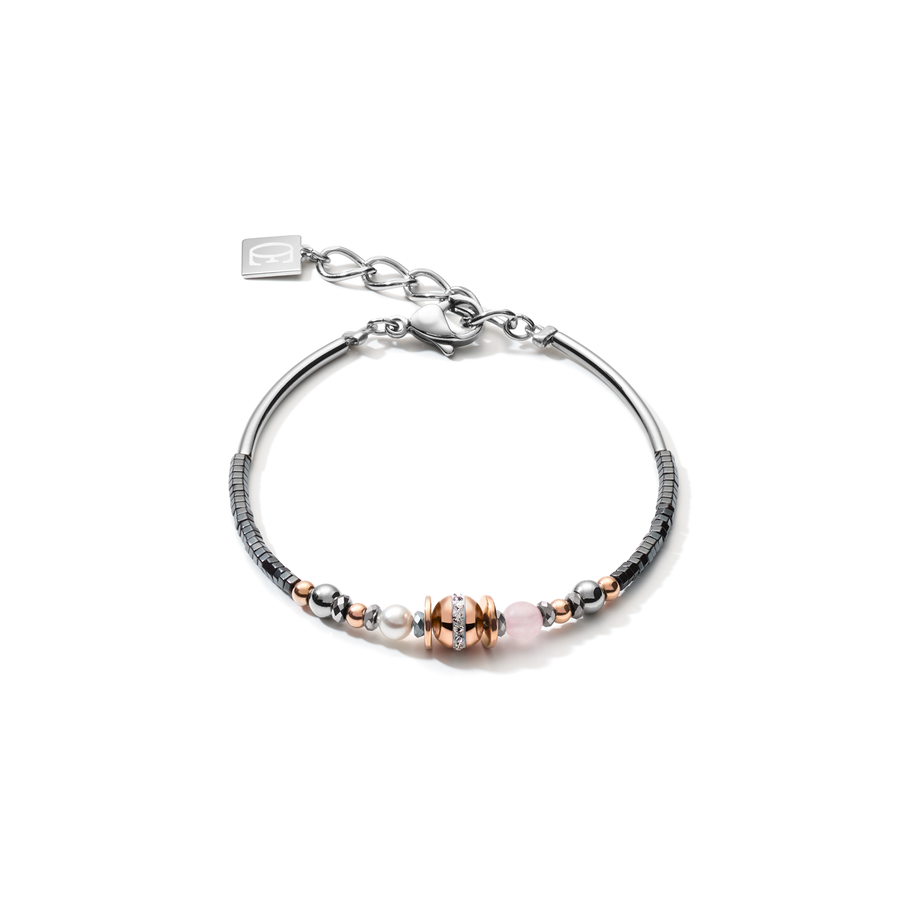 Bracelet Boule de pierres précieuses & Crystal Pearls gris-or rose