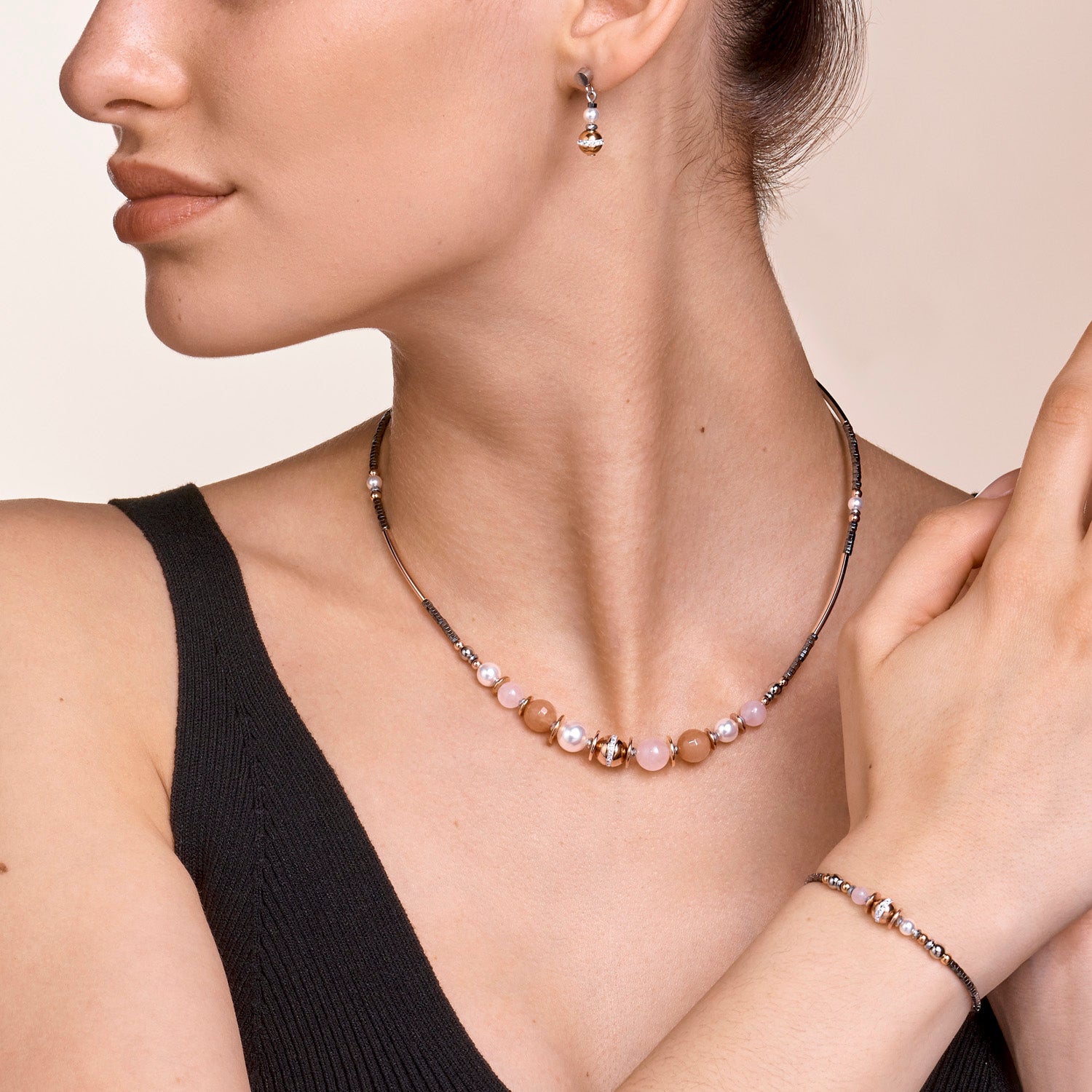 Bracelet Boule de pierres précieuses & Crystal Pearls gris-or rose