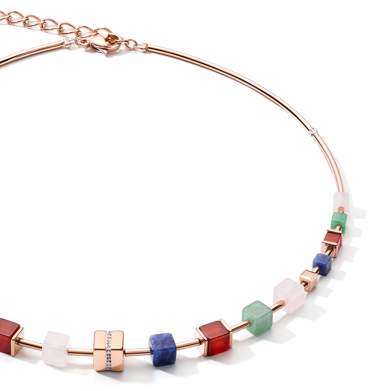 Collier GeoCUBE® big cube pavé de cristaux, pierres précieuses & acier or rose multicolor gemstone