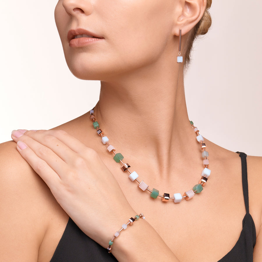 Bracelet GeoCUBE® big Pierres précieuses, Cristaux  & acier or rose vert-beige
