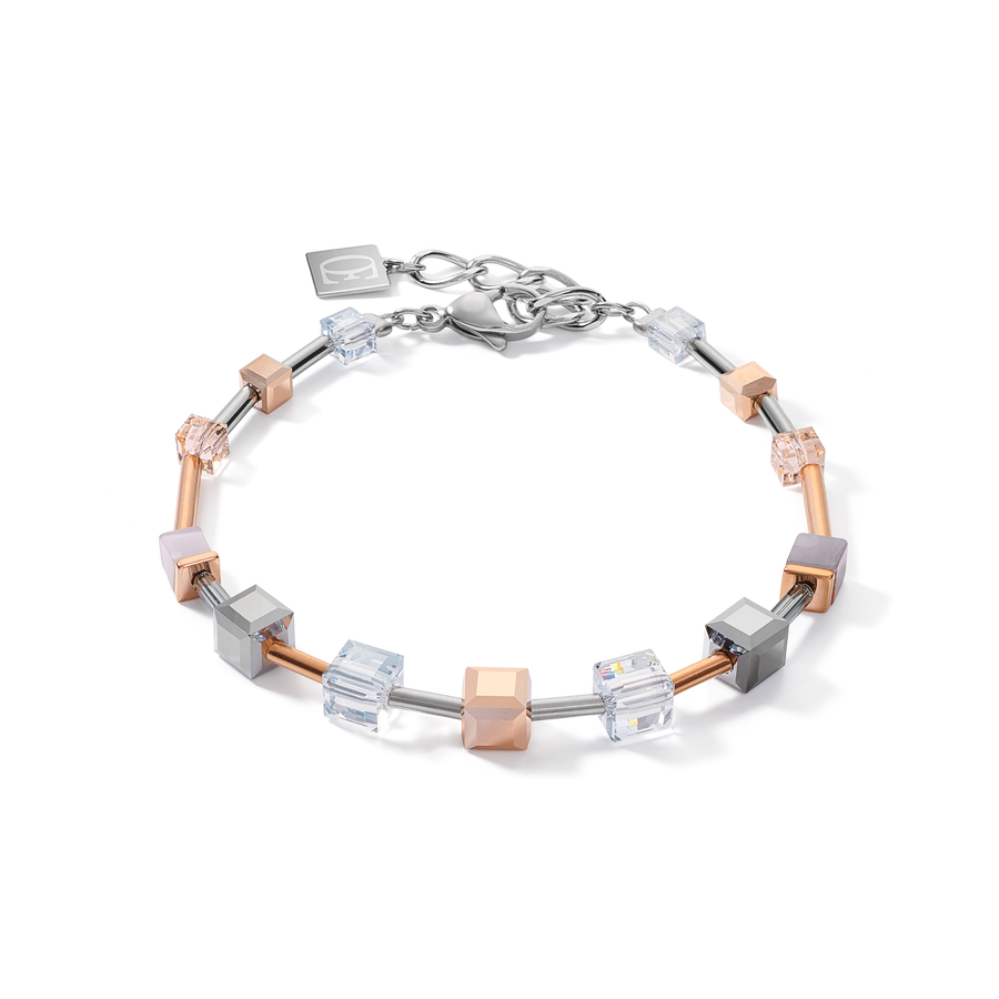 Bracelet GeoCUBE® big Swarovski® Crystals, Botswana agate & stainless steel rose gold-silver