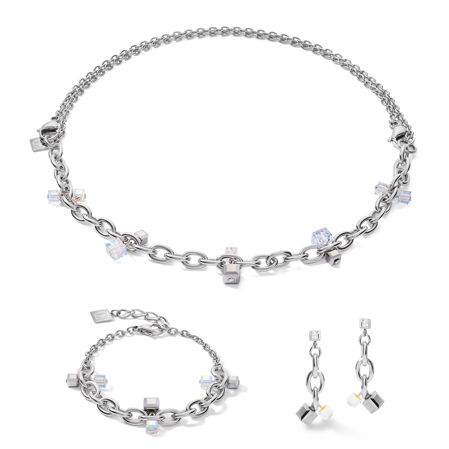 Boucles d'oreille casual & chunky chain acier & Cristaux  argent-cristal