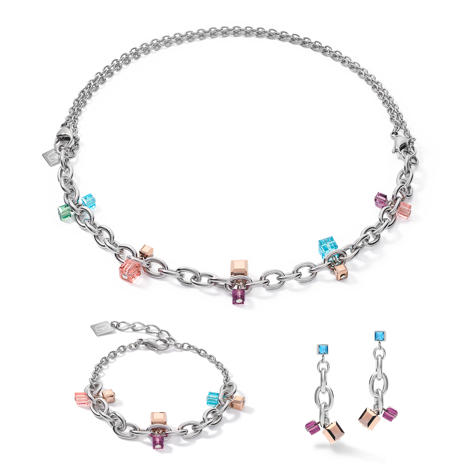 Bracelet casual & chunky chain acier & Cristaux argent-multicolore Art Nouveau