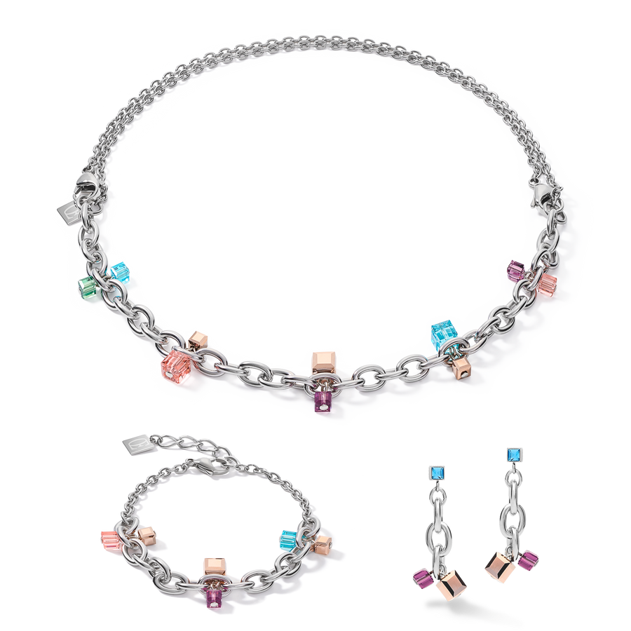 Bracelet casual & chunky chain acier & Cristaux argent-multicolore Art Nouveau